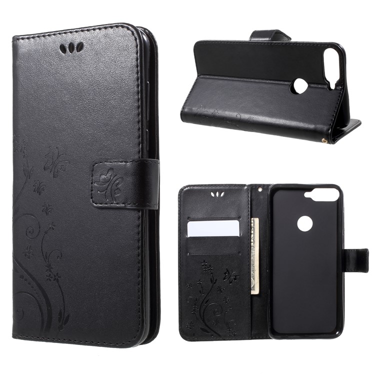 Imprinted Butterfly and Flower Leather Wallet Case with Strap for Huawei Y7 Prime (2018) / Honor 7C / Enjoy 8 - Black-1