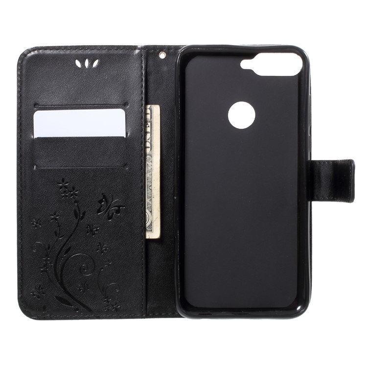 Imprinted Butterfly and Flower Leather Wallet Case with Strap for Huawei Y7 Prime (2018) / Honor 7C / Enjoy 8 - Black-5