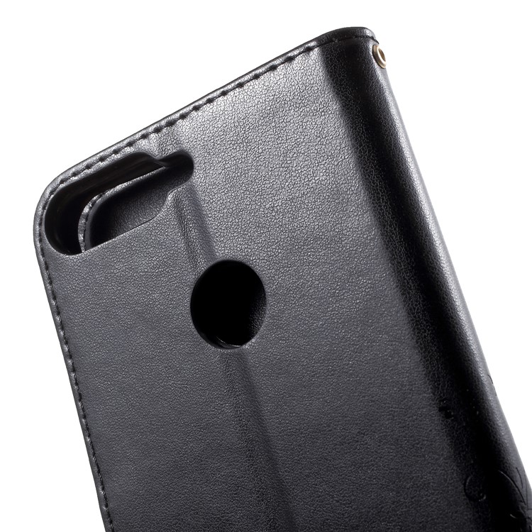 Imprinted Butterfly and Flower Leather Wallet Case with Strap for Huawei Y7 Prime (2018) / Honor 7C / Enjoy 8 - Black-7