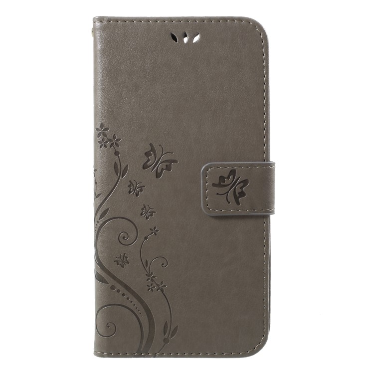 Imprinted Butterfly and Flower Leather Wallet Case Cover with Strap for Huawei Y7 Prime (2018) / Honor 7C / Enjoy 8 - Grey-1