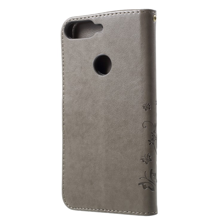 Imprinted Butterfly and Flower Leather Wallet Case Cover with Strap for Huawei Y7 Prime (2018) / Honor 7C / Enjoy 8 - Grey-2