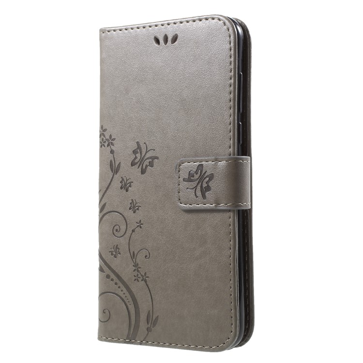 Imprinted Butterfly and Flower Leather Wallet Case Cover with Strap for Huawei Y7 Prime (2018) / Honor 7C / Enjoy 8 - Grey-3