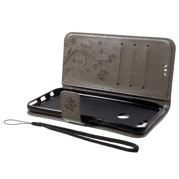 Imprinted Butterfly and Flower Leather Wallet Case Cover with Strap for Huawei Y7 Prime (2018) / Honor 7C / Enjoy 8 - Grey-5