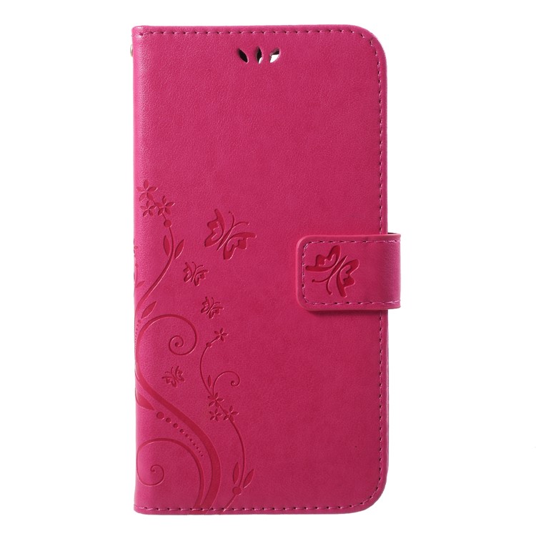 Imprinted Butterfly and Flower Leather Wallet Cover with Strap for Huawei Y7 Prime (2018) / Honor 7C / Enjoy 8 - Rose-1