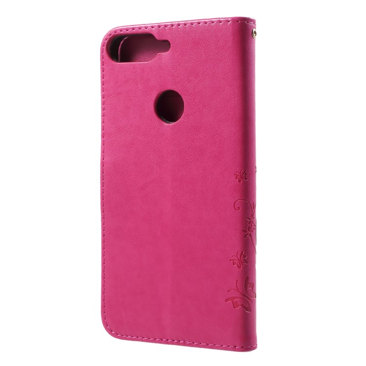 Imprinted Butterfly and Flower Leather Wallet Cover with Strap for Huawei Y7 Prime (2018) / Honor 7C / Enjoy 8 - Rose-2