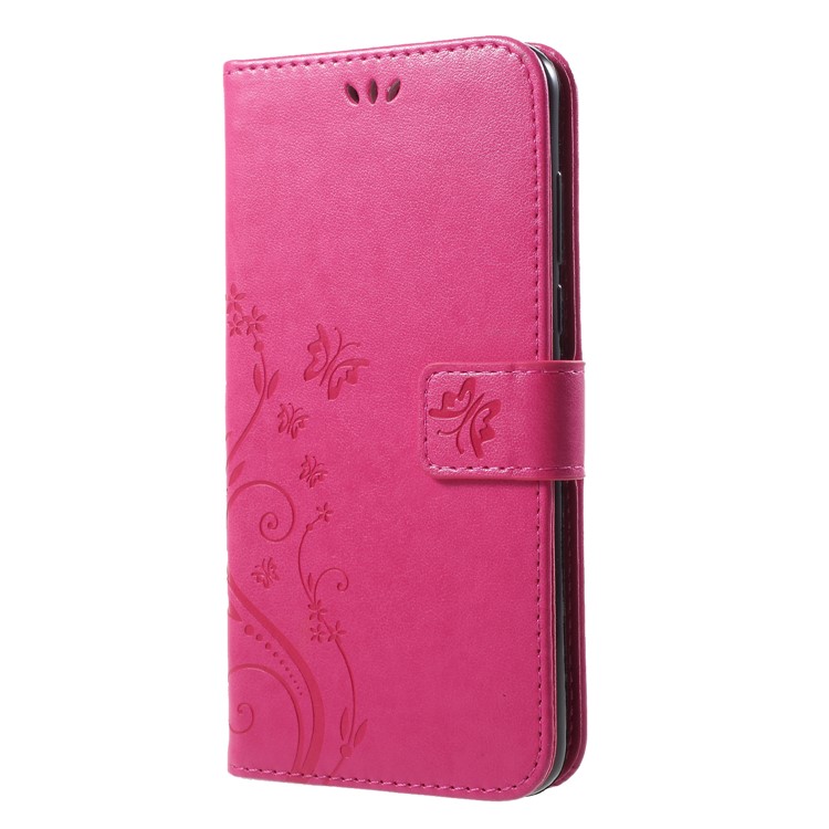 Imprinted Butterfly and Flower Leather Wallet Cover with Strap for Huawei Y7 Prime (2018) / Honor 7C / Enjoy 8 - Rose-3