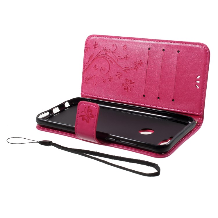 Imprinted Butterfly and Flower Leather Wallet Cover with Strap for Huawei Y7 Prime (2018) / Honor 7C / Enjoy 8 - Rose-5