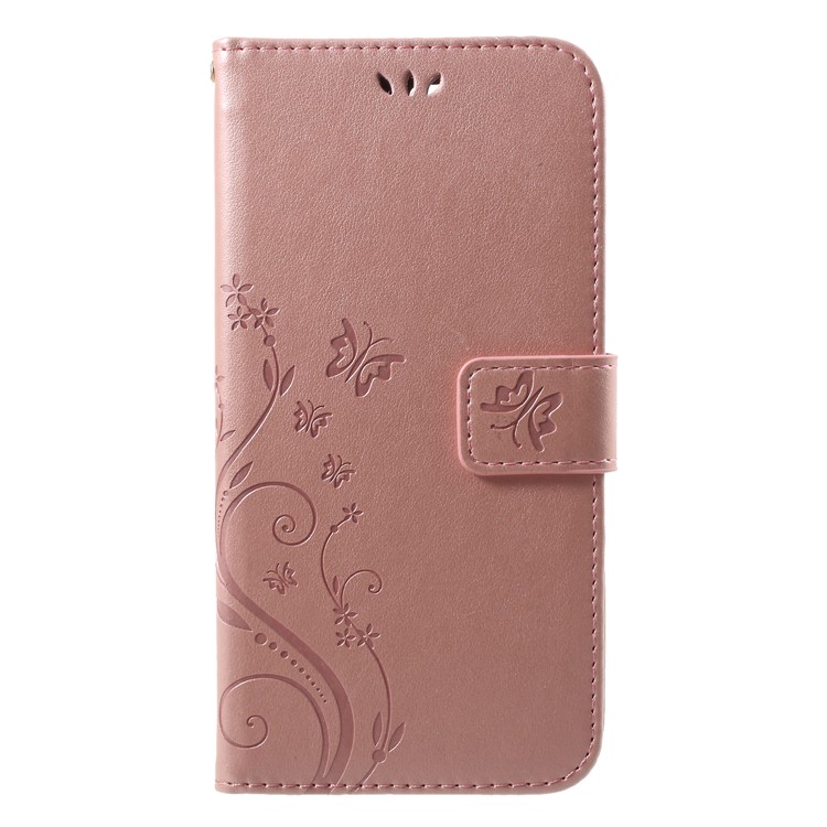 Imprinted Butterfly and Flower Leather Wallet Case Shell with Strap for Huawei Y7 Prime (2018) / Honor 7C / Enjoy 8 - Pink-1