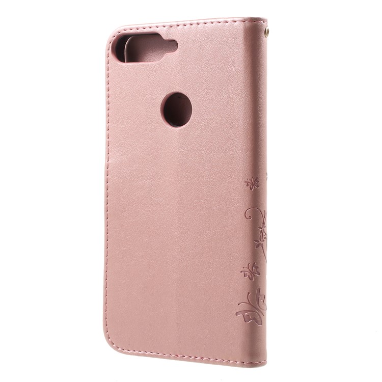 Imprinted Butterfly and Flower Leather Wallet Case Shell with Strap for Huawei Y7 Prime (2018) / Honor 7C / Enjoy 8 - Pink-2
