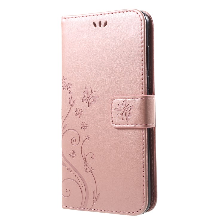 Imprinted Butterfly and Flower Leather Wallet Case Shell with Strap for Huawei Y7 Prime (2018) / Honor 7C / Enjoy 8 - Pink-3