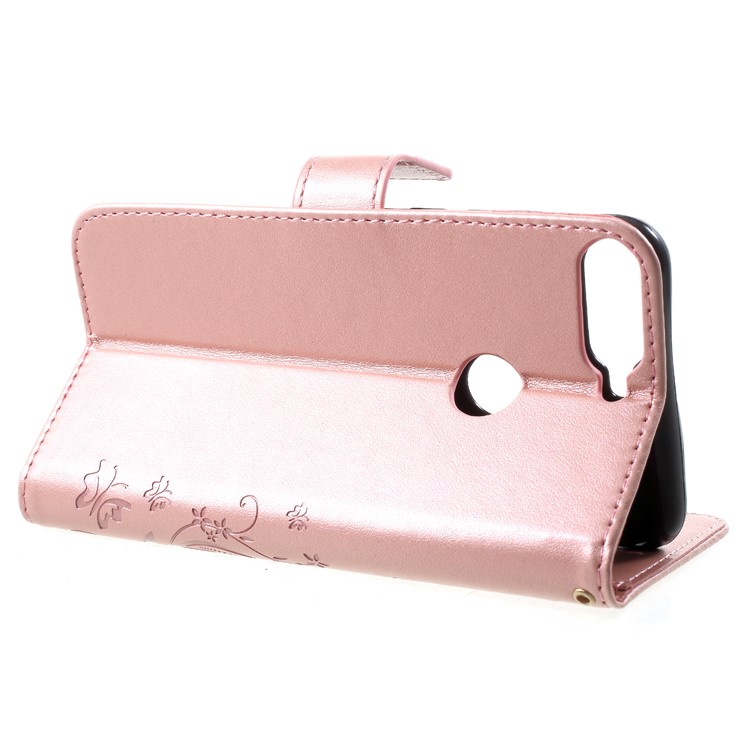 Imprinted Butterfly and Flower Leather Wallet Case Shell with Strap for Huawei Y7 Prime (2018) / Honor 7C / Enjoy 8 - Pink-4