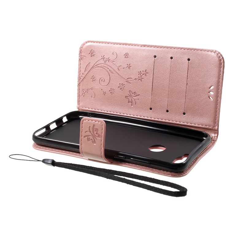 Imprinted Butterfly and Flower Leather Wallet Case Shell with Strap for Huawei Y7 Prime (2018) / Honor 7C / Enjoy 8 - Pink-5