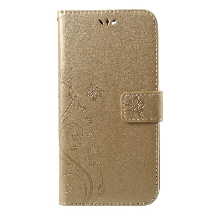 Imprinted Butterfly and Flower Leather Wallet Shell with Strap for Huawei Y7 Prime (2018) / Honor 7C / Enjoy 8 - Gold-1