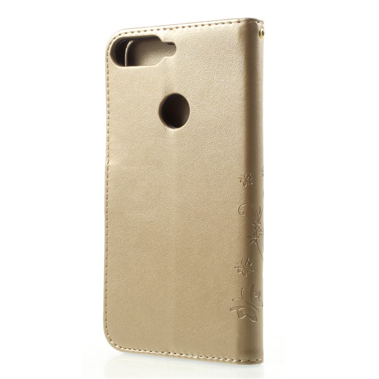 Imprinted Butterfly and Flower Leather Wallet Shell with Strap for Huawei Y7 Prime (2018) / Honor 7C / Enjoy 8 - Gold-2