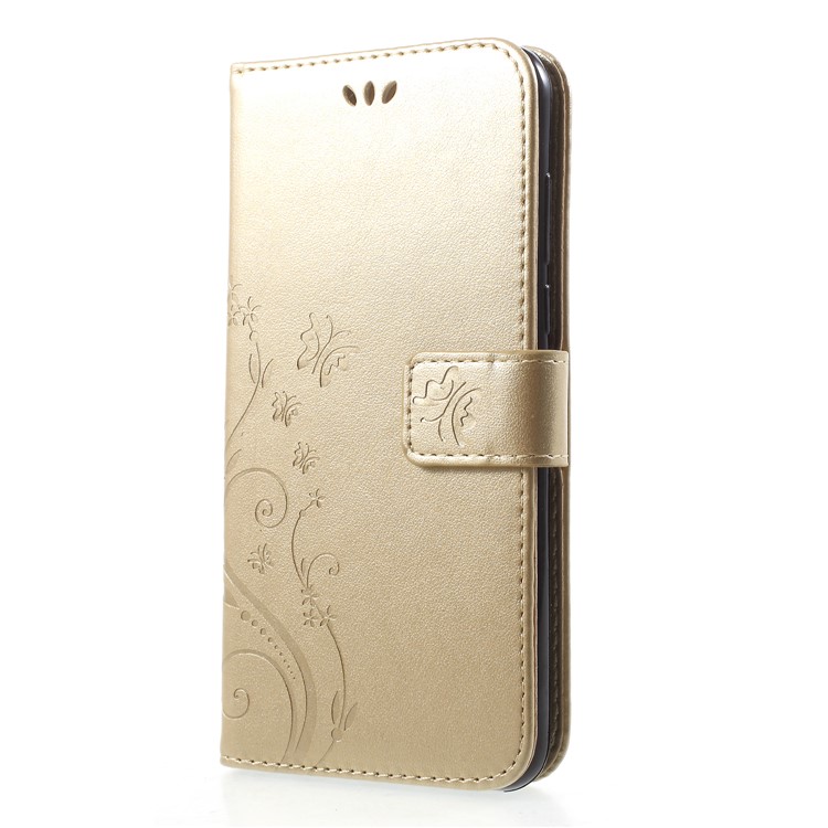 Imprinted Butterfly and Flower Leather Wallet Shell with Strap for Huawei Y7 Prime (2018) / Honor 7C / Enjoy 8 - Gold-3