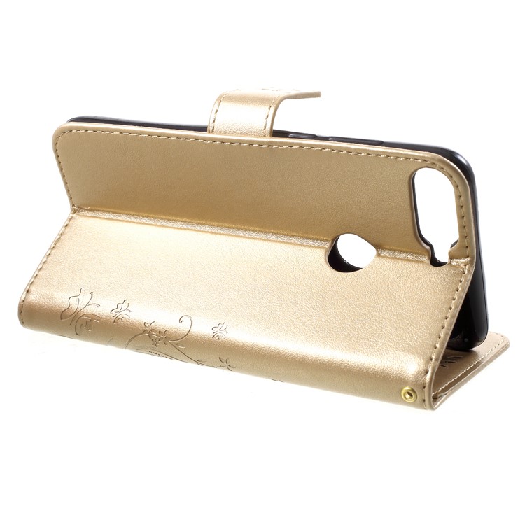 Imprinted Butterfly and Flower Leather Wallet Shell with Strap for Huawei Y7 Prime (2018) / Honor 7C / Enjoy 8 - Gold-4
