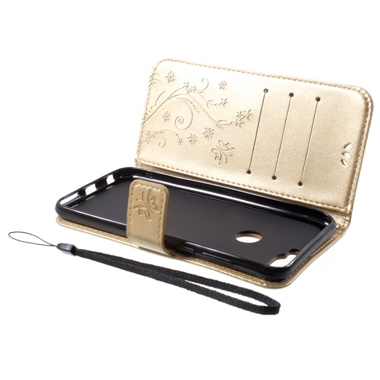 Imprinted Butterfly and Flower Leather Wallet Shell with Strap for Huawei Y7 Prime (2018) / Honor 7C / Enjoy 8 - Gold-5