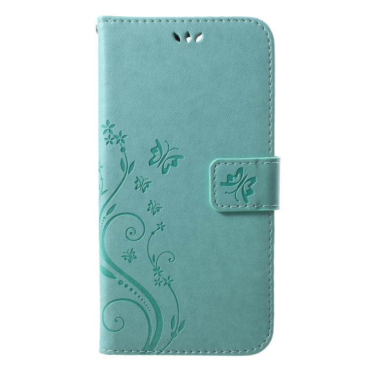 Imprinted Butterfly and Flower Leather Wallet Casing with Strap for Huawei Y7 Prime (2018) / Honor 7C / Enjoy 8 - Cyan-1