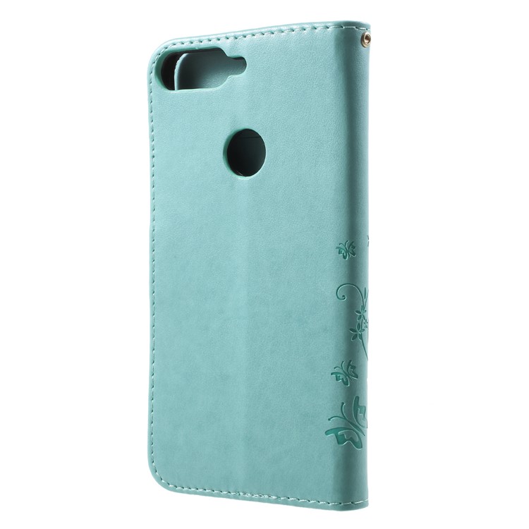 Imprinted Butterfly and Flower Leather Wallet Casing with Strap for Huawei Y7 Prime (2018) / Honor 7C / Enjoy 8 - Cyan-2
