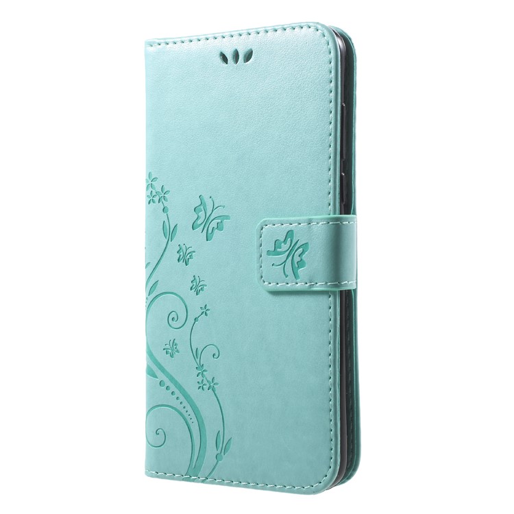 Imprinted Butterfly and Flower Leather Wallet Casing with Strap for Huawei Y7 Prime (2018) / Honor 7C / Enjoy 8 - Cyan-3