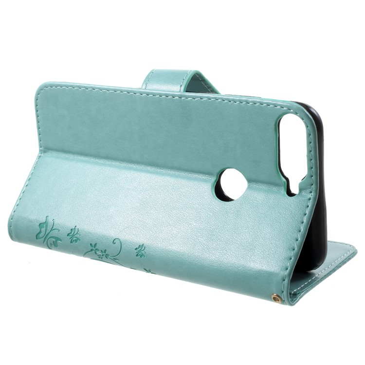 Imprinted Butterfly and Flower Leather Wallet Casing with Strap for Huawei Y7 Prime (2018) / Honor 7C / Enjoy 8 - Cyan-4