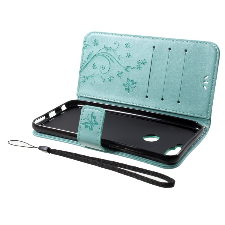 Imprinted Butterfly and Flower Leather Wallet Casing with Strap for Huawei Y7 Prime (2018) / Honor 7C / Enjoy 8 - Cyan-5