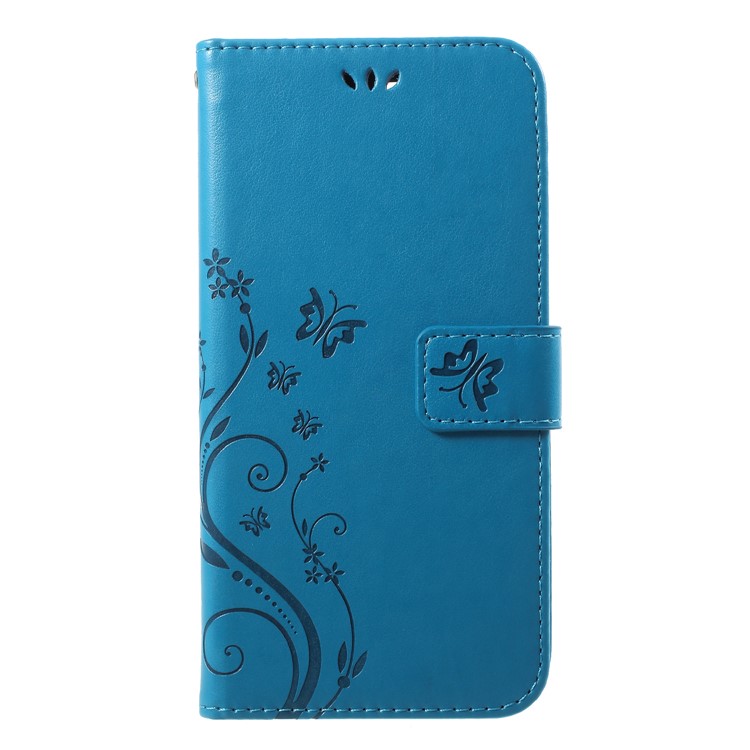 Imprinted Butterfly and Flower Leather Wallet Casing Cover with Strap for Huawei Y7 Prime (2018) / Honor 7C / Enjoy 8 - Blue-1