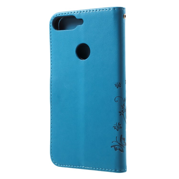 Imprinted Butterfly and Flower Leather Wallet Casing Cover with Strap for Huawei Y7 Prime (2018) / Honor 7C / Enjoy 8 - Blue-2