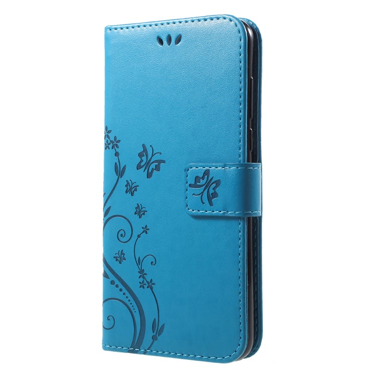 Imprinted Butterfly and Flower Leather Wallet Casing Cover with Strap for Huawei Y7 Prime (2018) / Honor 7C / Enjoy 8 - Blue-3