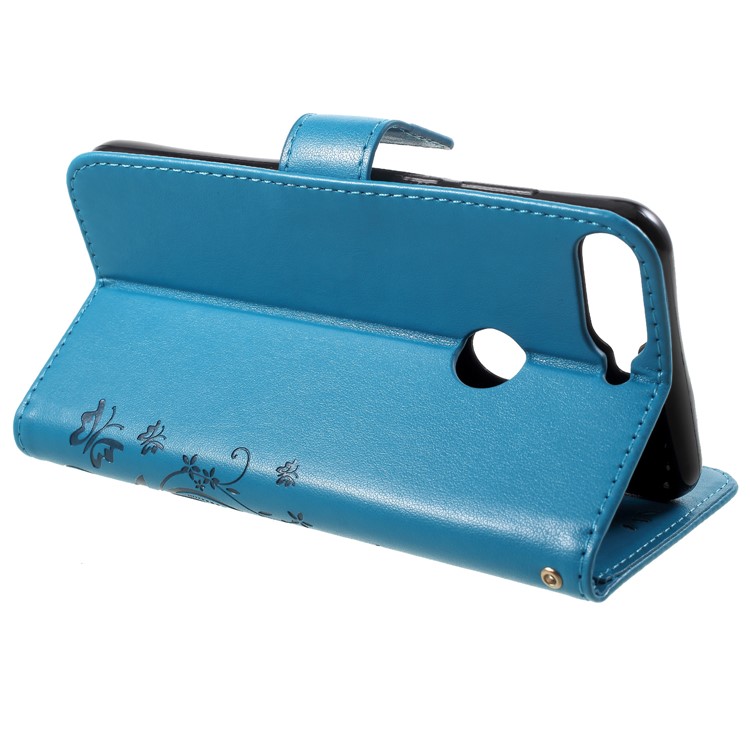Imprinted Butterfly and Flower Leather Wallet Casing Cover with Strap for Huawei Y7 Prime (2018) / Honor 7C / Enjoy 8 - Blue-4