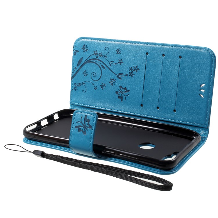 Imprinted Butterfly and Flower Leather Wallet Casing Cover with Strap for Huawei Y7 Prime (2018) / Honor 7C / Enjoy 8 - Blue-5
