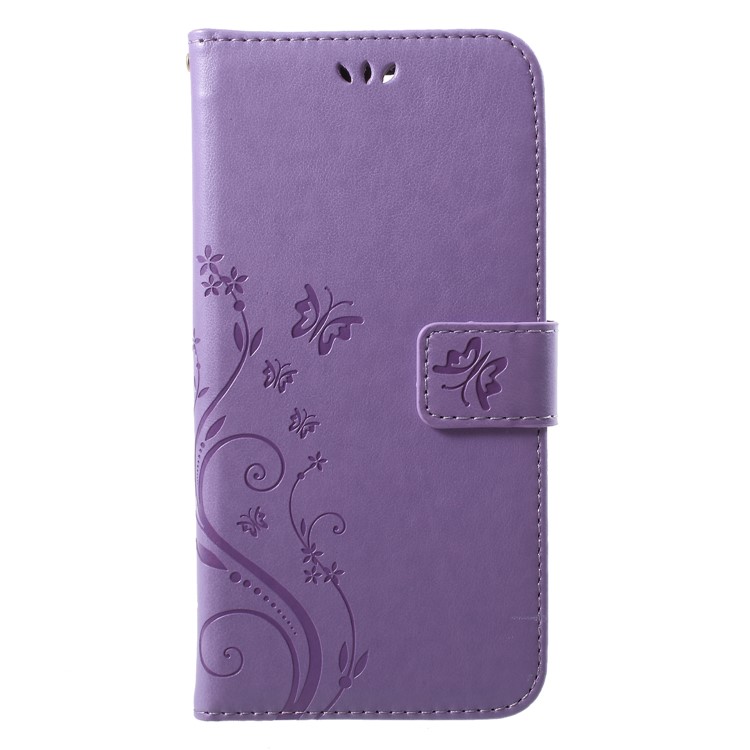 Imprinted Butterfly and Flower Leather Wallet Cellphone Case with Strap for Huawei Y7 Prime (2018) / Honor 7C / Enjoy 8 - Light Purple-1