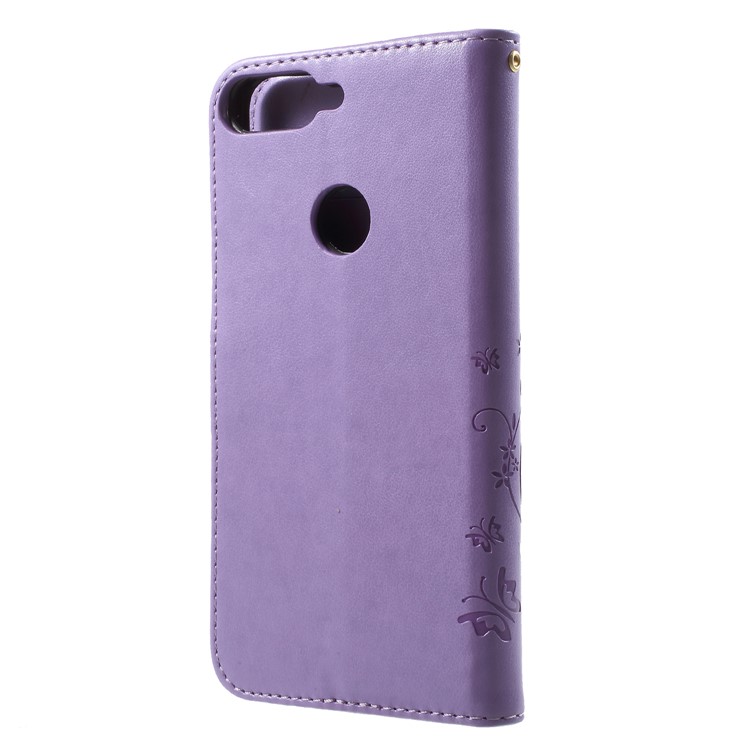 Imprinted Butterfly and Flower Leather Wallet Cellphone Case with Strap for Huawei Y7 Prime (2018) / Honor 7C / Enjoy 8 - Light Purple-2