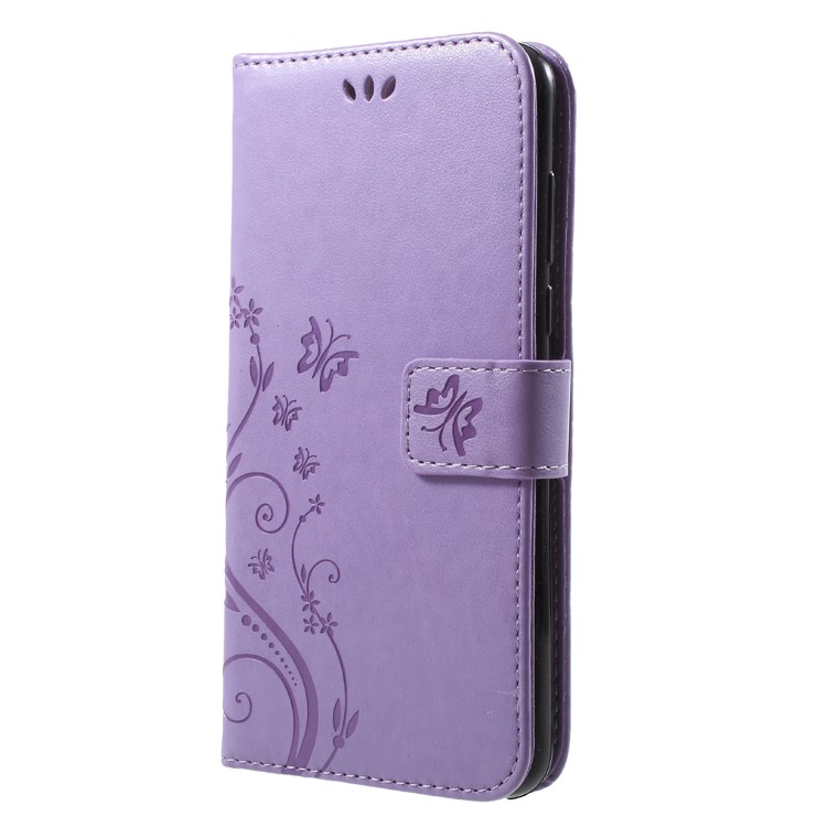 Imprinted Butterfly and Flower Leather Wallet Cellphone Case with Strap for Huawei Y7 Prime (2018) / Honor 7C / Enjoy 8 - Light Purple-3