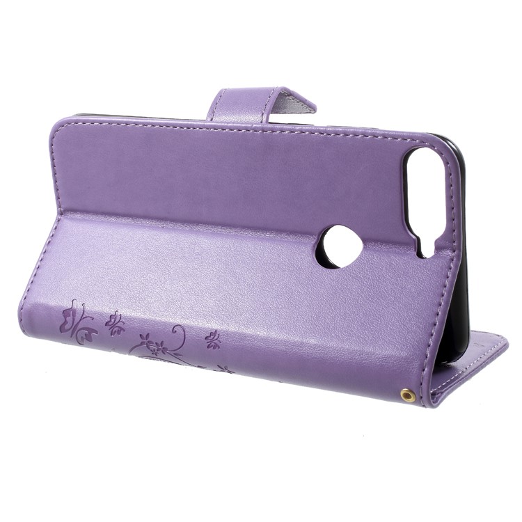 Imprinted Butterfly and Flower Leather Wallet Cellphone Case with Strap for Huawei Y7 Prime (2018) / Honor 7C / Enjoy 8 - Light Purple-4