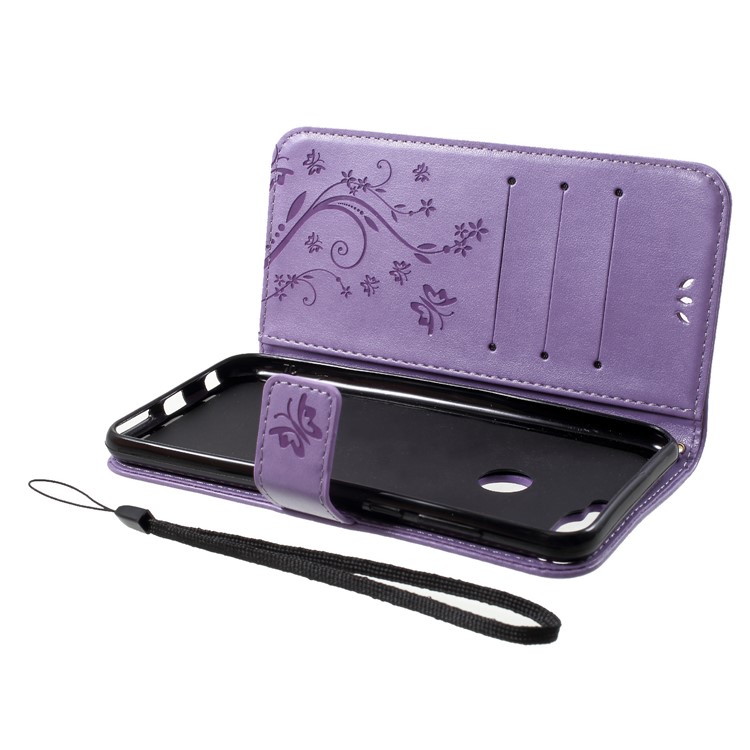 Imprinted Butterfly and Flower Leather Wallet Cellphone Case with Strap for Huawei Y7 Prime (2018) / Honor 7C / Enjoy 8 - Light Purple-5