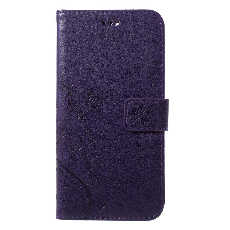 Imprinted Butterfly and Flower Leather Wallet Mobile Case with Strap for Huawei Y7 Prime (2018) / Honor 7C / Enjoy 8 - Dark Purple-1