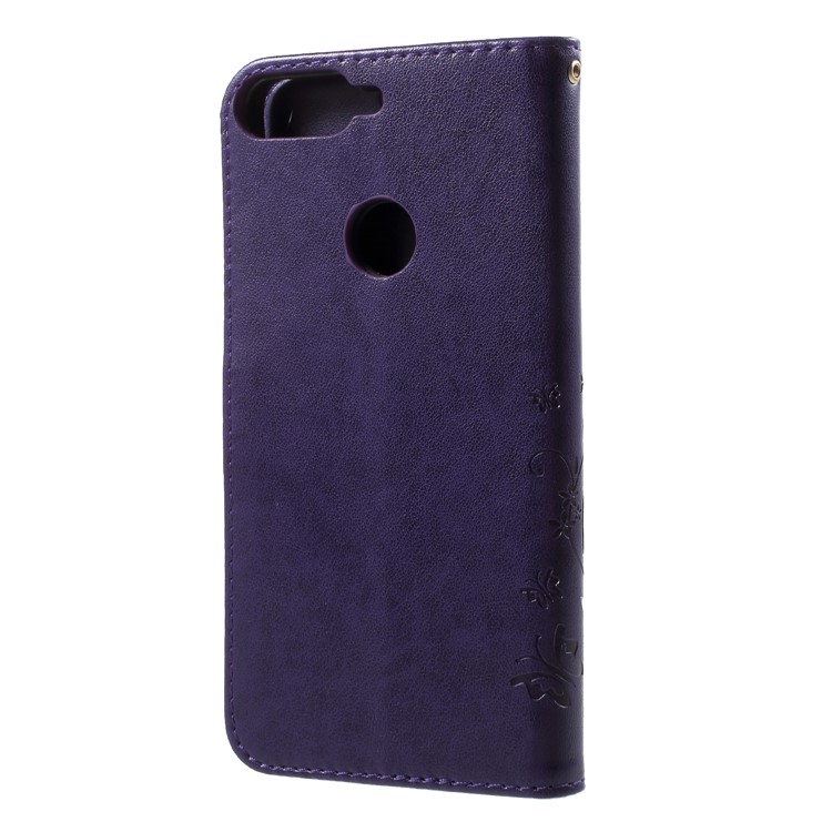 Imprinted Butterfly and Flower Leather Wallet Mobile Case with Strap for Huawei Y7 Prime (2018) / Honor 7C / Enjoy 8 - Dark Purple-2