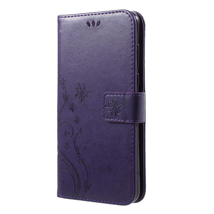 Imprinted Butterfly and Flower Leather Wallet Mobile Case with Strap for Huawei Y7 Prime (2018) / Honor 7C / Enjoy 8 - Dark Purple-3