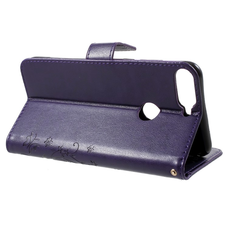 Imprinted Butterfly and Flower Leather Wallet Mobile Case with Strap for Huawei Y7 Prime (2018) / Honor 7C / Enjoy 8 - Dark Purple-4