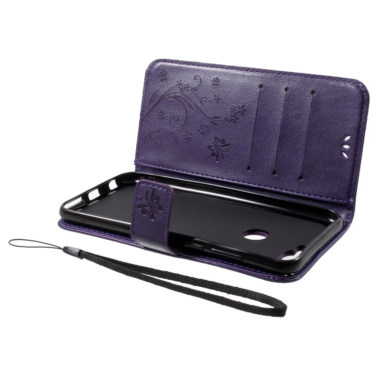Imprinted Butterfly and Flower Leather Wallet Mobile Case with Strap for Huawei Y7 Prime (2018) / Honor 7C / Enjoy 8 - Dark Purple-5