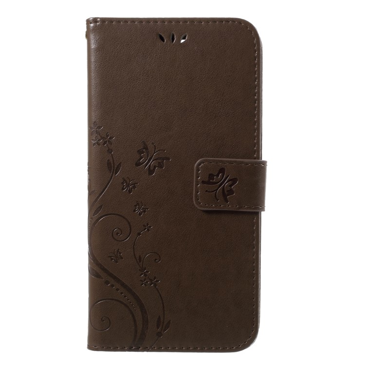 Imprinted Butterfly and Flower Leather Wallet Mobile Cover with Strap for Huawei Y7 Prime (2018) / Honor 7C / Enjoy 8 - Coffee-1