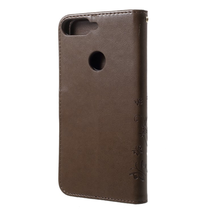 Imprinted Butterfly and Flower Leather Wallet Mobile Cover with Strap for Huawei Y7 Prime (2018) / Honor 7C / Enjoy 8 - Coffee-2