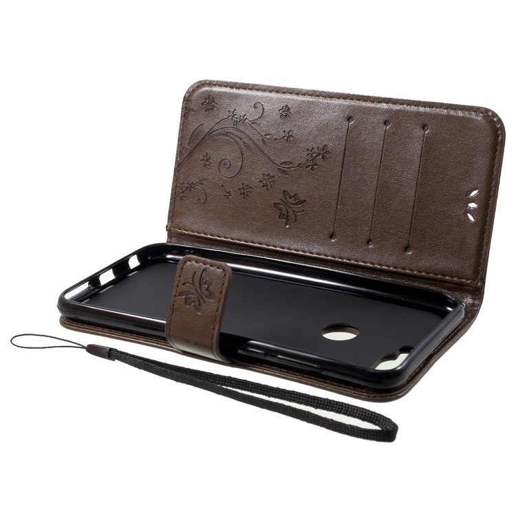 Imprinted Butterfly and Flower Leather Wallet Mobile Cover with Strap for Huawei Y7 Prime (2018) / Honor 7C / Enjoy 8 - Coffee-5