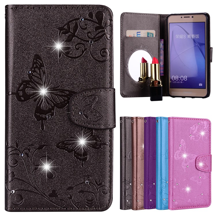For Huawei P8 Lite (2017)/Honor 8 Lite Imprinted Butterfly Flower Rhinestone Leather Wallet Case with Mirror - Black-1