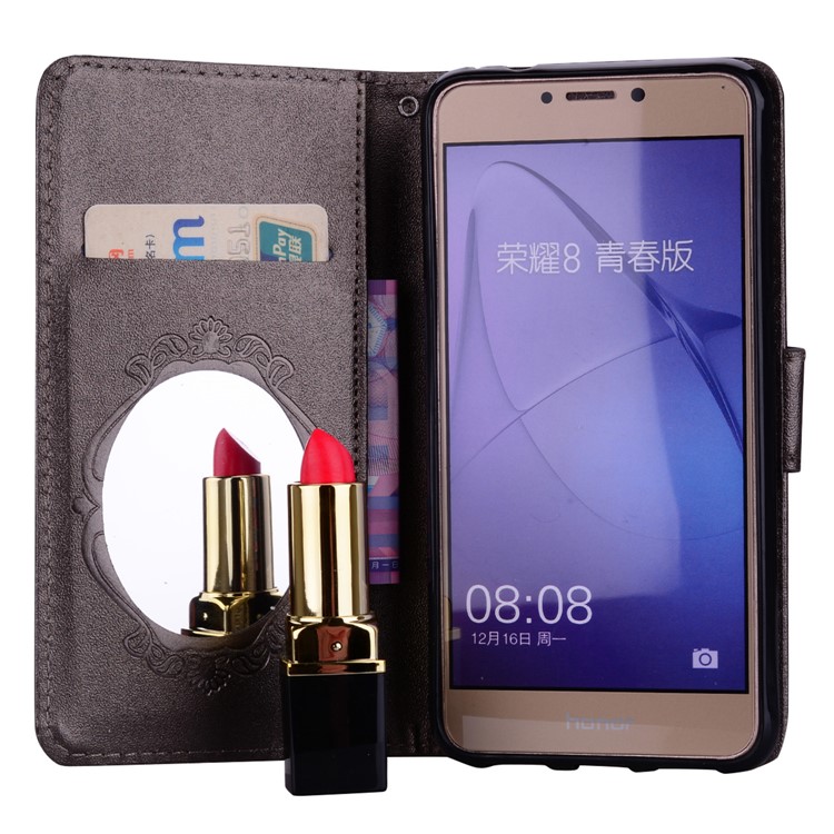 For Huawei P8 Lite (2017)/Honor 8 Lite Imprinted Butterfly Flower Rhinestone Leather Wallet Case with Mirror - Black-7
