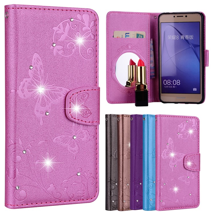 For Huawei P8 Lite (2017)/Honor 8 Lite Imprinted Butterfly Flower Rhinestone Leather Wallet Cover with Mirror - Rose-1