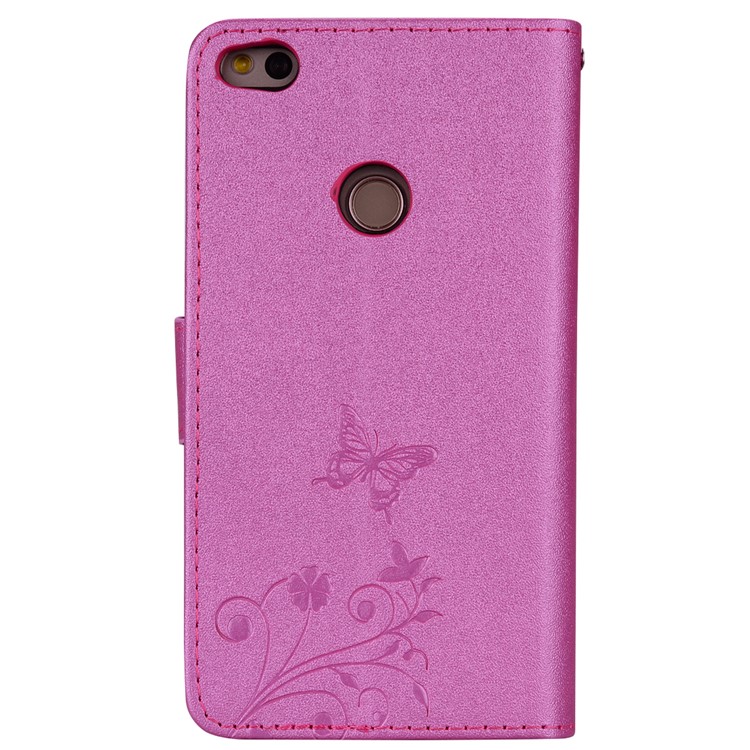 For Huawei P8 Lite (2017)/Honor 8 Lite Imprinted Butterfly Flower Rhinestone Leather Wallet Cover with Mirror - Rose-5