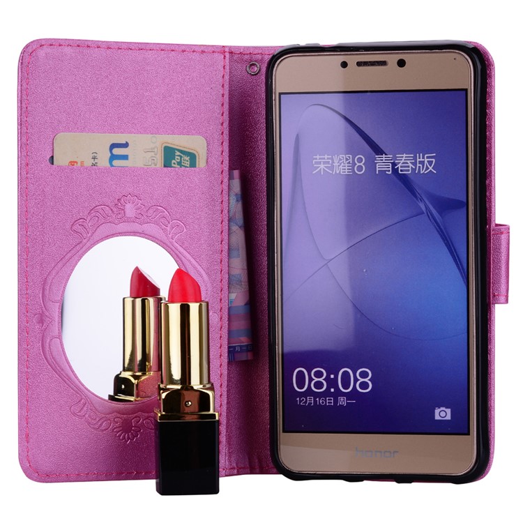 For Huawei P8 Lite (2017)/Honor 8 Lite Imprinted Butterfly Flower Rhinestone Leather Wallet Cover with Mirror - Rose-7