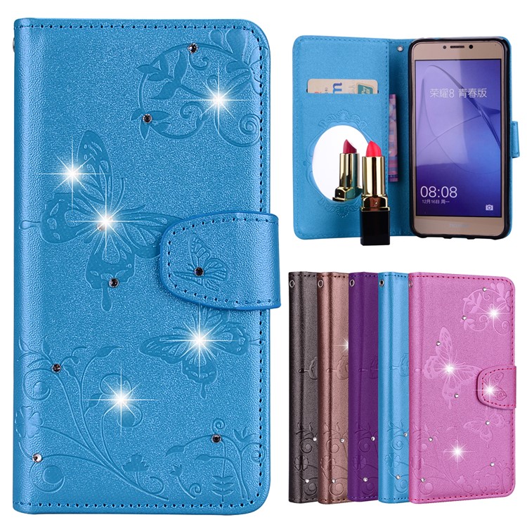 For Huawei P8 Lite (2017)/Honor 8 Lite Imprinted Butterfly Flower Rhinestone Leather Wallet Shell with Mirror - Blue-1